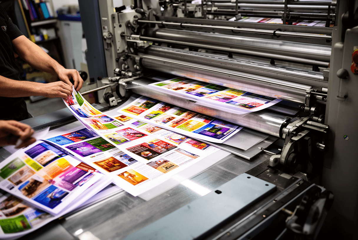 presse d’impression produisant des brochures couleur dans un atelier