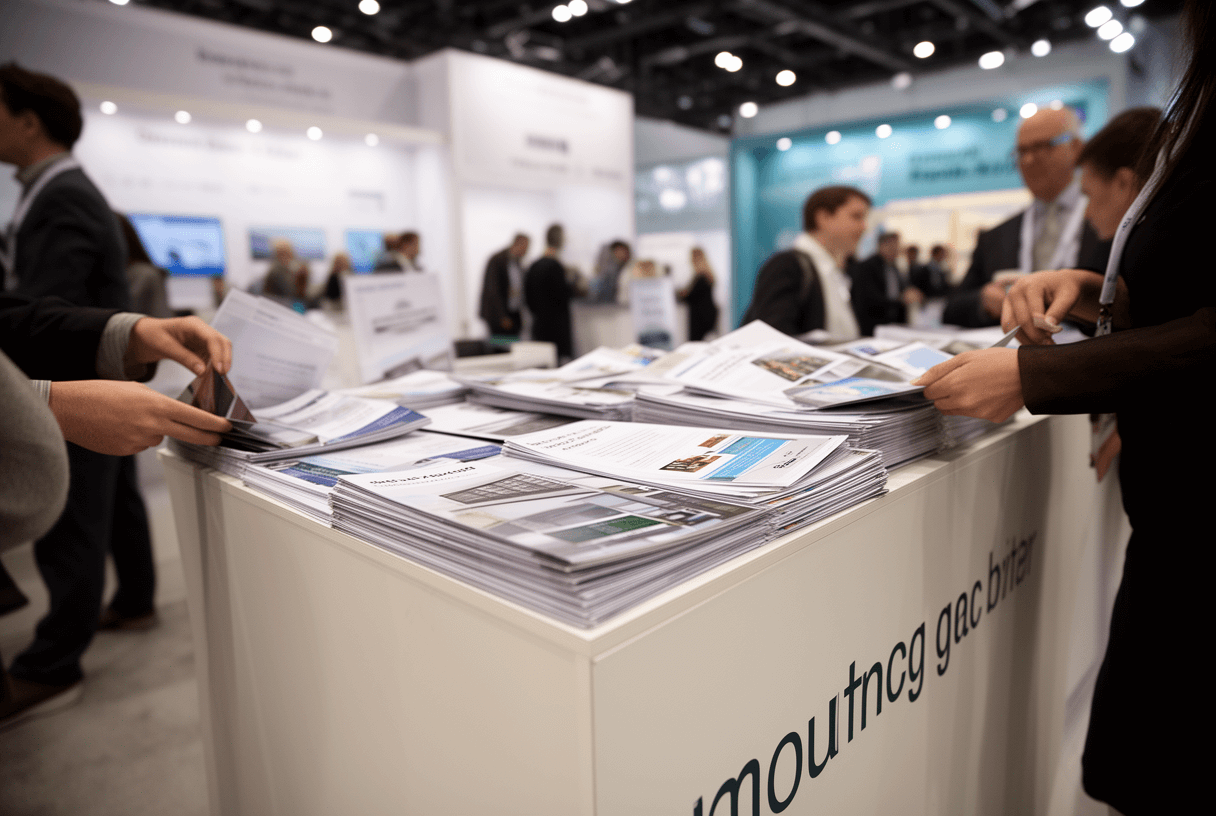 brochures imprimées exposées sur comptoir de stand salon